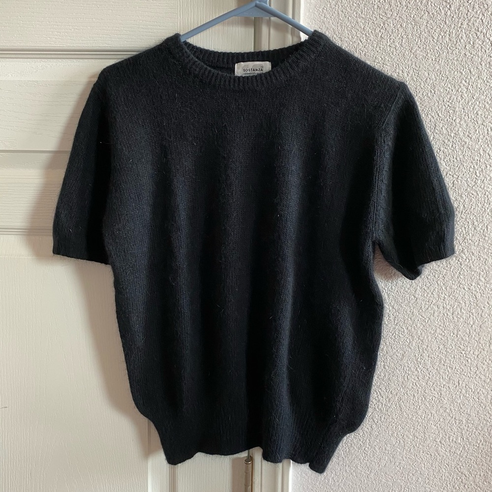Short-Sleeved Black Angora Sweater